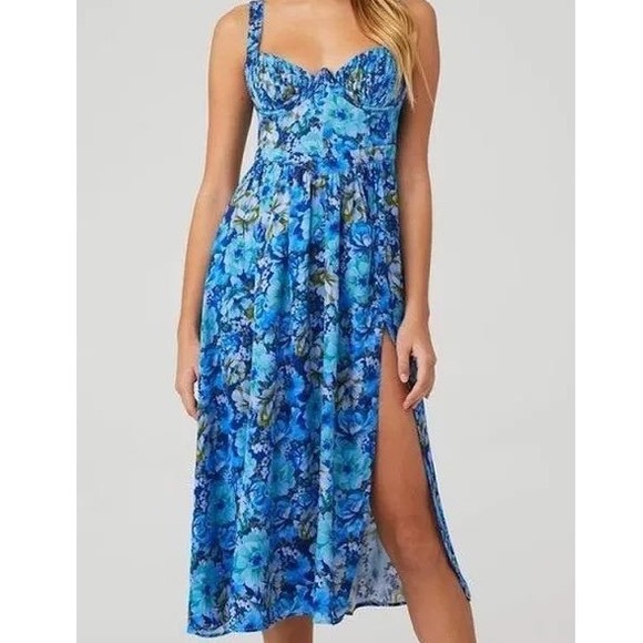 For Love & Lemons Dresses & Skirts - NWT For Love & Lemons Astor Blue Floral Midi Dress Corset open Back Slit Small